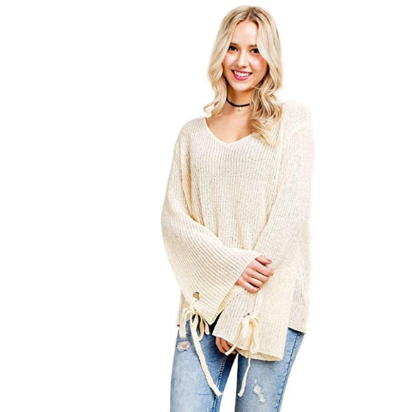 Blushing Heart Sweaters - Blushing Heart Ivory Cream Bell Sleeve Tie Detail